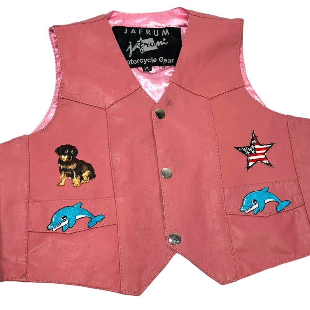 Jafrum Motorcycle Gear Girls XL Pink Leather Vest Biker Patches USA Snap Close